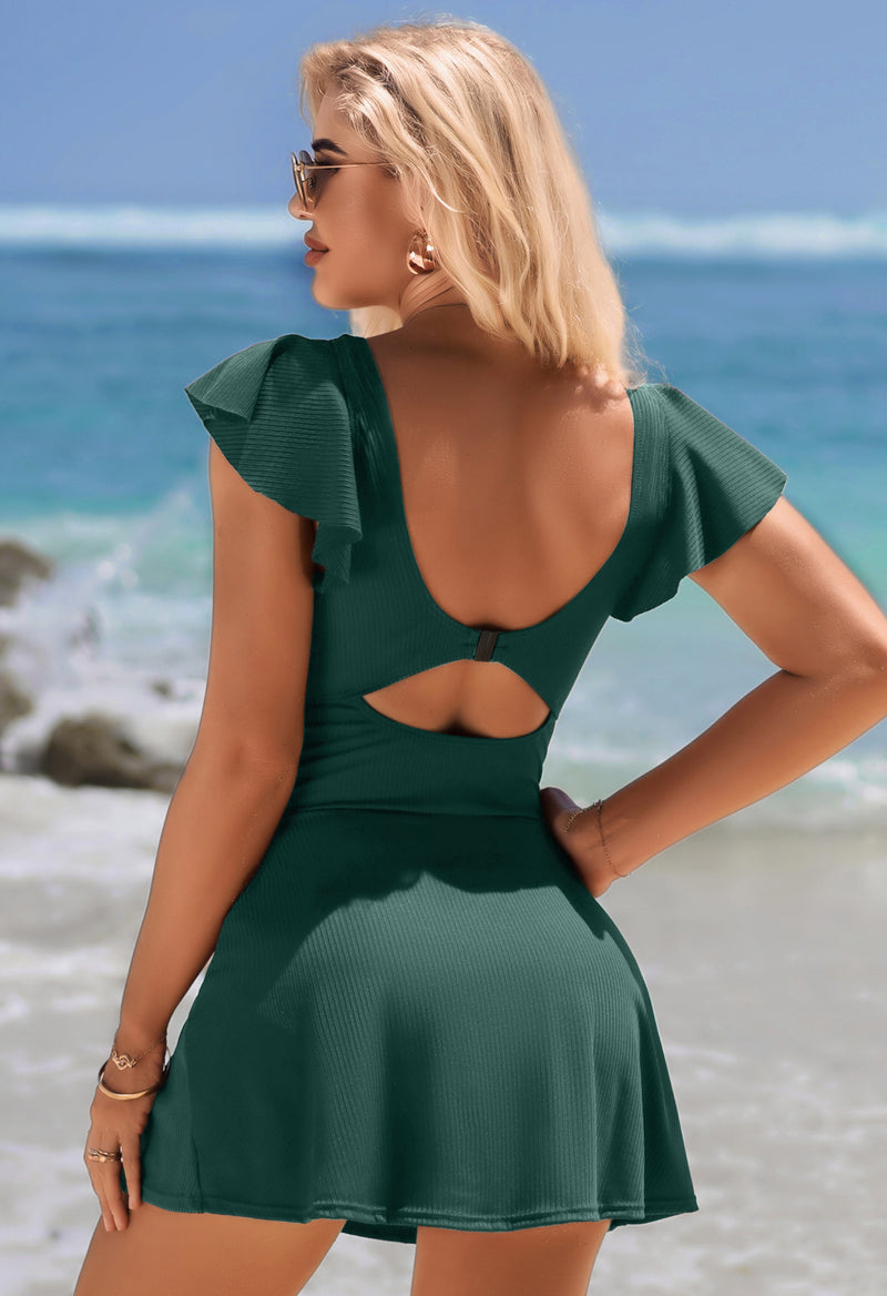Women's Ribbed Twist Cutout Ruffle Sleeve Swimdress One-Piece Swimsuit