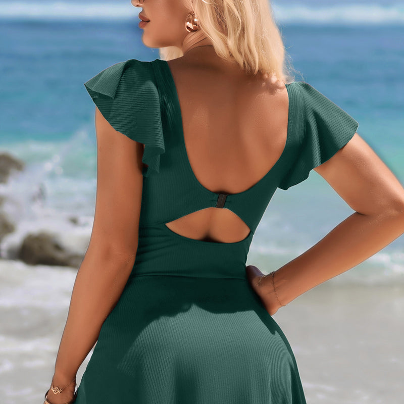Women's Ribbed Twist Cutout Ruffle Sleeve Swimdress One-Piece Swimsuit