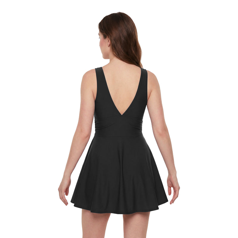 Women's Mesh V-Neck Tummy Control One-Piece Swim Dress Flared Skirt