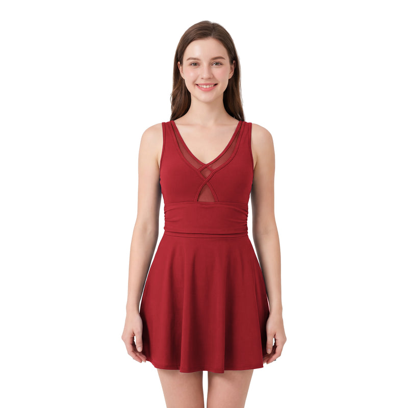 Women's Mesh V-Neck Tummy Control One-Piece Swim Dress Flared Skirt