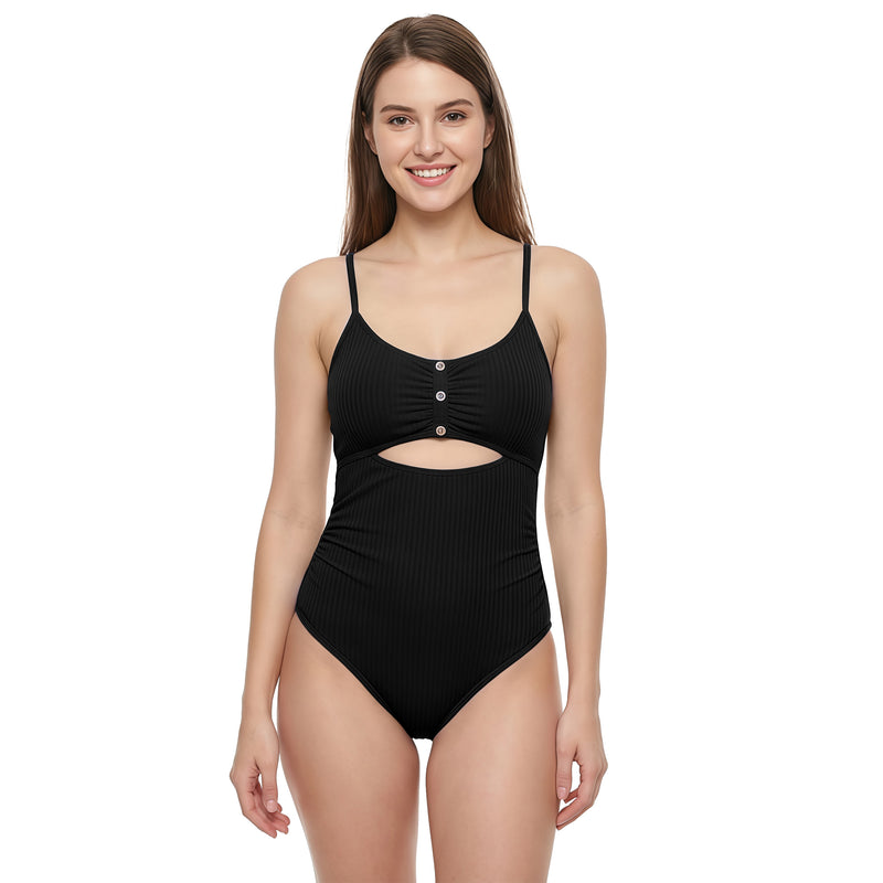 Women's Ribbed Cutout Crisscross Back One Piece Swimsuit with Button Detail