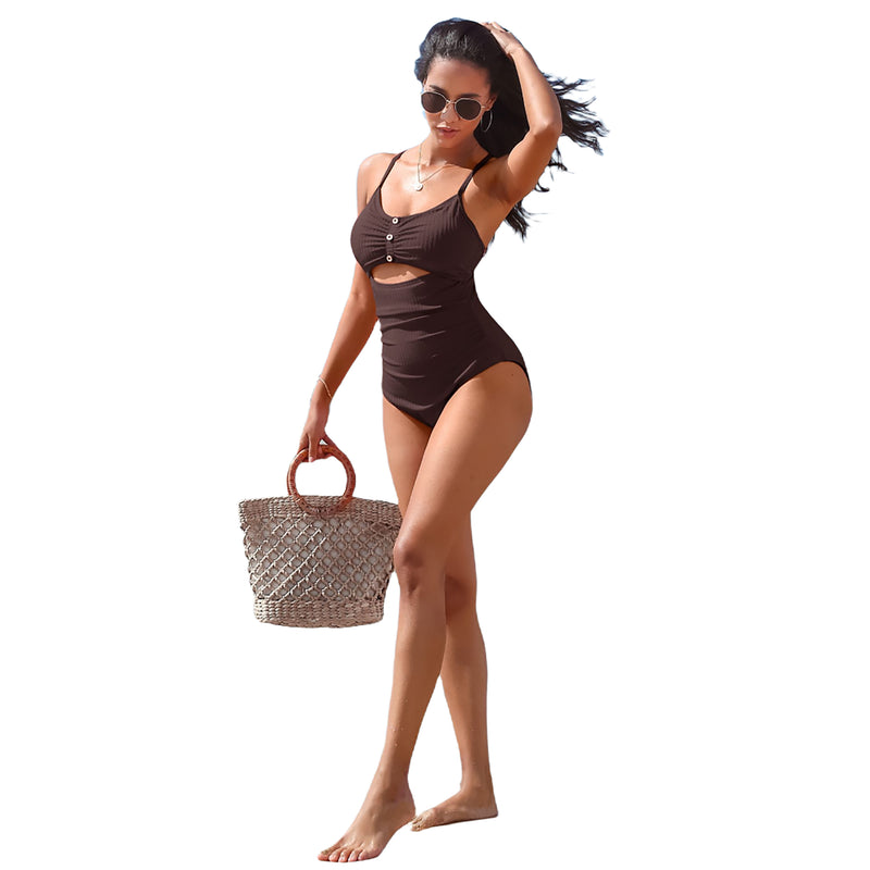 Women's Ribbed Cutout Crisscross Back One Piece Swimsuit with Button Detail