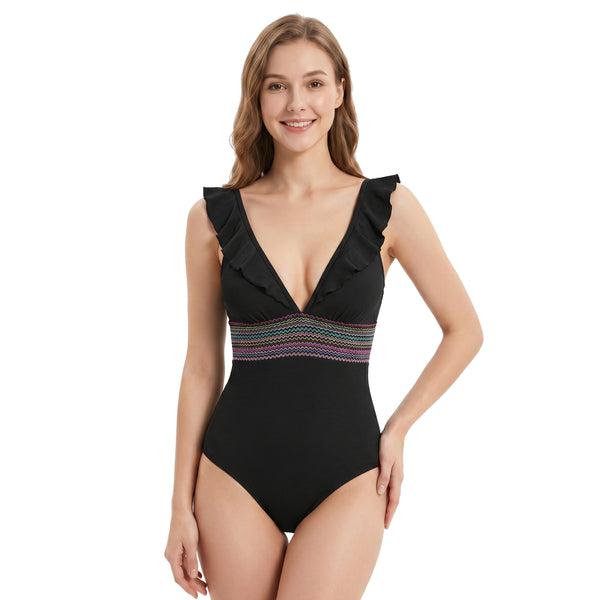 Women Ruffle Sleeve Colorful Waistband V Neck One Piece Swimsuit