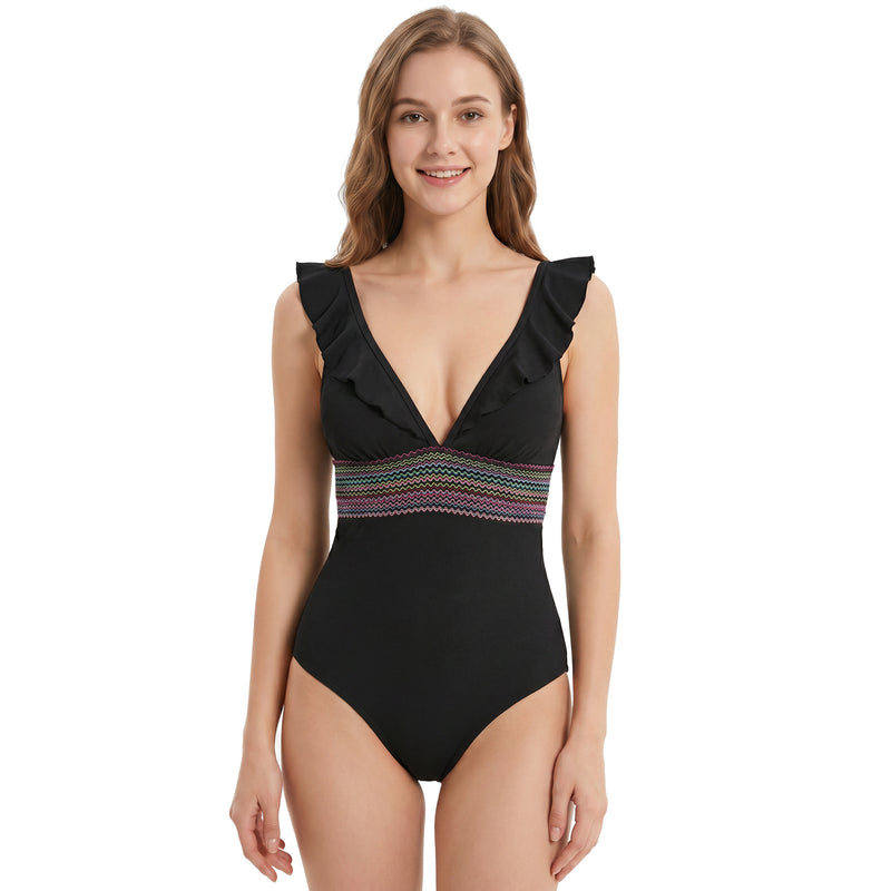 Women Ruffle Sleeve Colorful Waistband V Neck One Piece Swimsuit