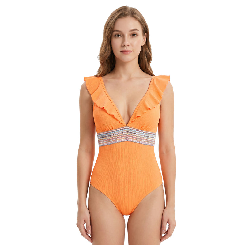 Women Ruffle Sleeve Colorful Waistband V Neck One Piece Swimsuit