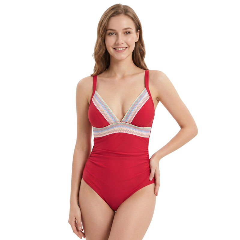 Women Colorful Stripe Trim Ruched One Piece Swimsuit