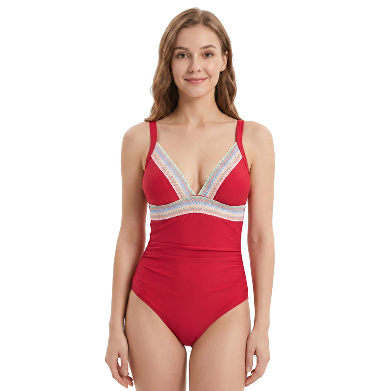 Women Colorful Stripe Trim Ruched One Piece Swimsuit
