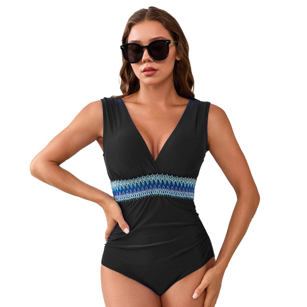 Women's Tummy Control V Neck One Piece Swimsuit with Decorative Waist Band