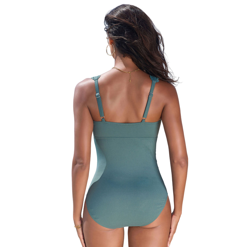 Women One Piece Swimsuit Scalloped Trim Button Front Adjustable Strap Bathing Suit