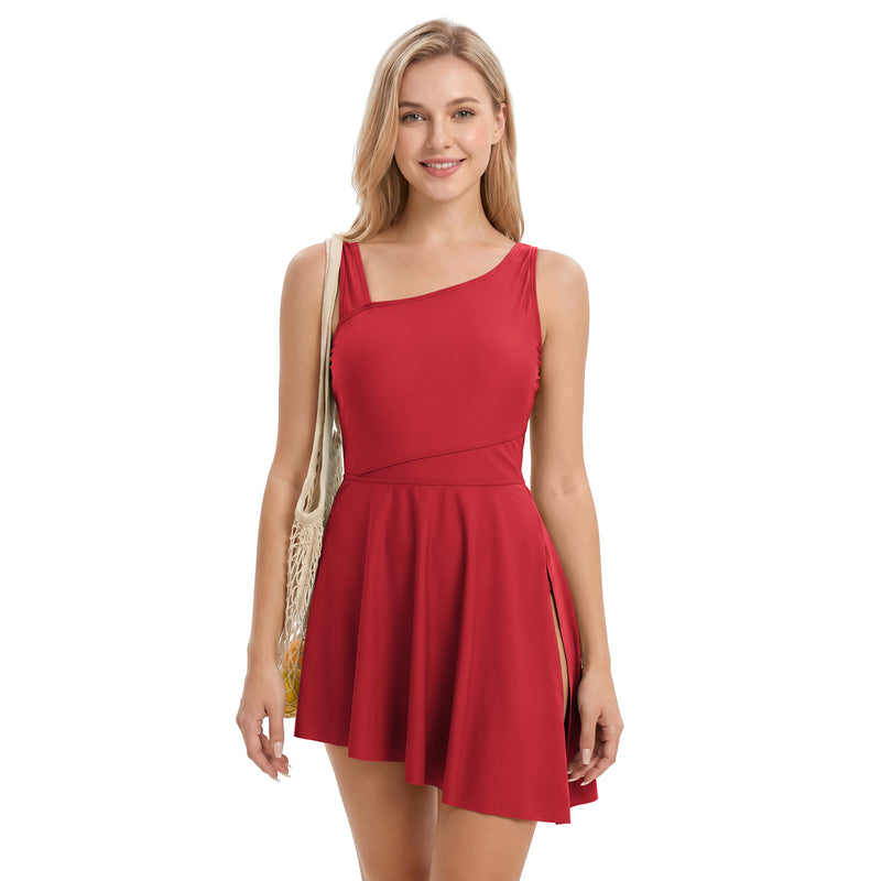 Women Asymmetric Neckline Side Slit Swim Dress
