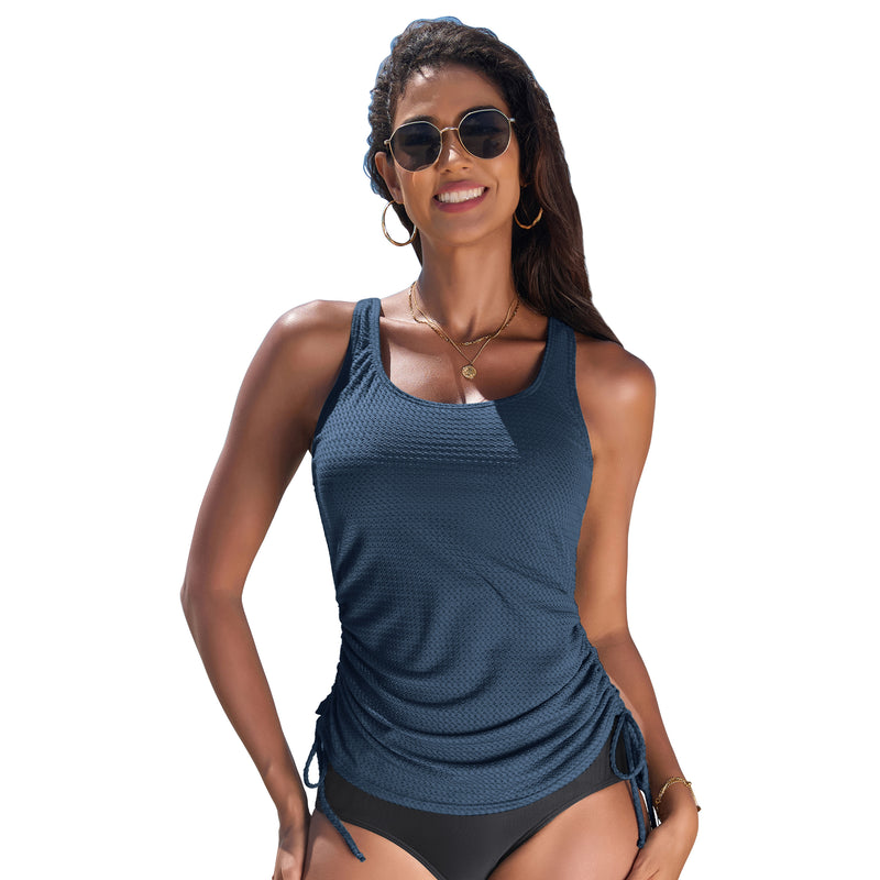 Women Textured Tankini Top Adjustable Straps Side Drawstring Swim Top