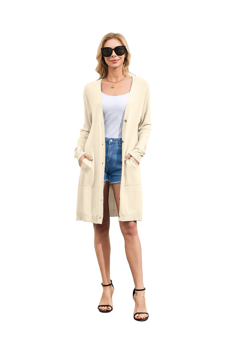 Women's Apricot Longline Cardigan Long Sleeve V-Neck Button Front Sweater with Pockets