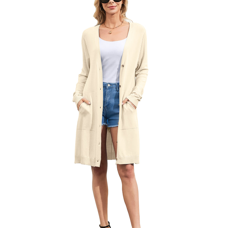 Women's Apricot Longline Cardigan Long Sleeve V-Neck Button Front Sweater with Pockets