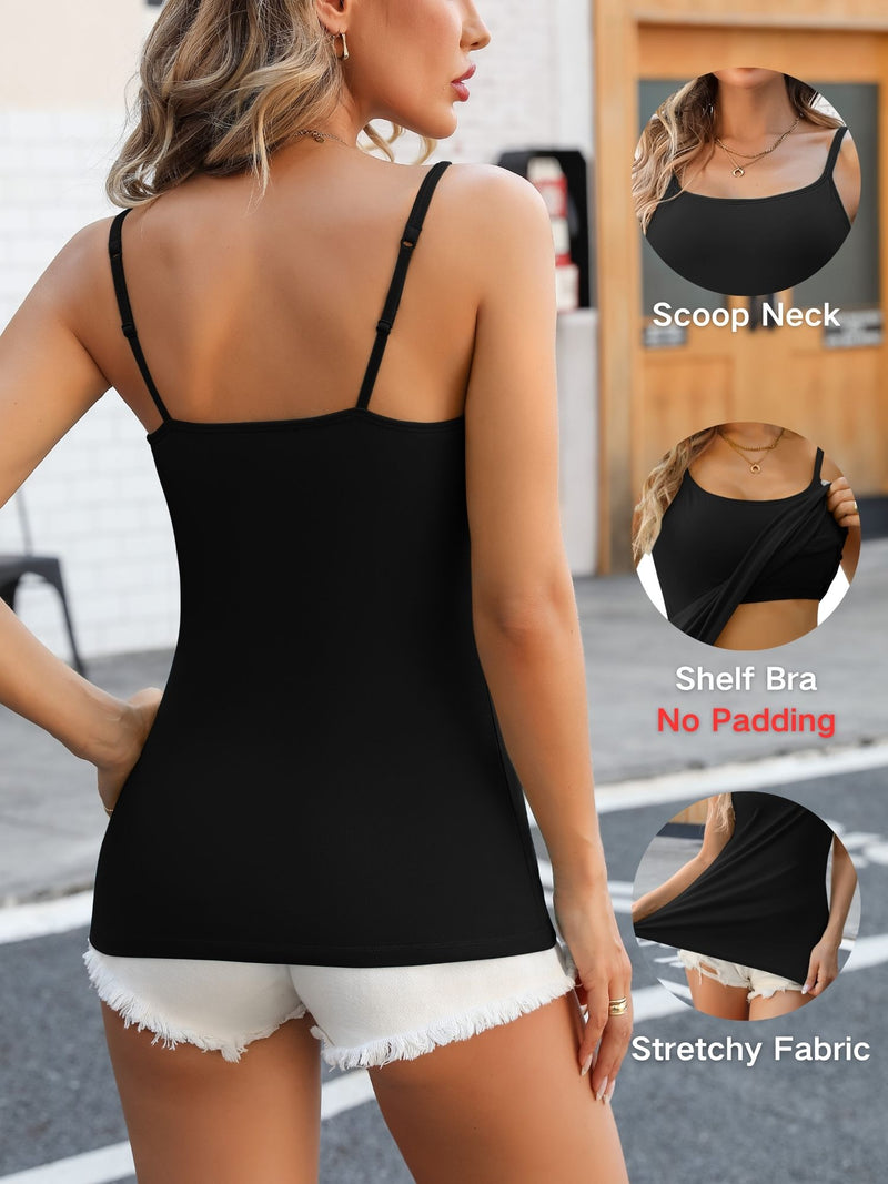 ANFERRY Womens Cotton Camisoles with Shelf Bra Solid Basic Spaghetti Straps Tank Tops Camis Pack of 2