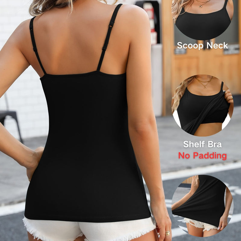 ANFERRY Womens Cotton Camisoles with Shelf Bra Solid Basic Spaghetti Straps Tank Tops Camis Pack of 2