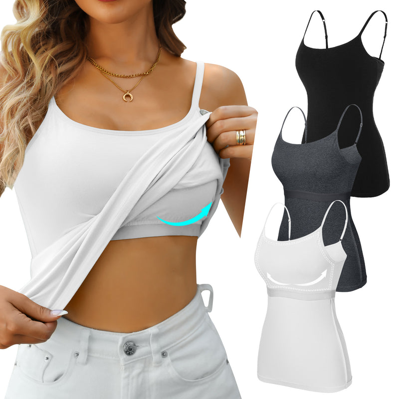 V FOR CITY Cotton Shelf Bra Camisole Tops for Women Adjustable Spaghetti Strap Cami Tank Summer Undershirts 3 Pack