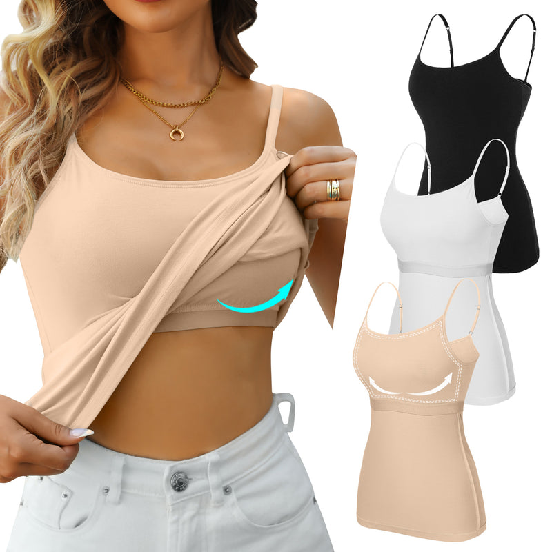 V FOR CITY Cotton Shelf Bra Camisole Tops for Women Adjustable Spaghetti Strap Cami Tank Summer Undershirts 3 Pack